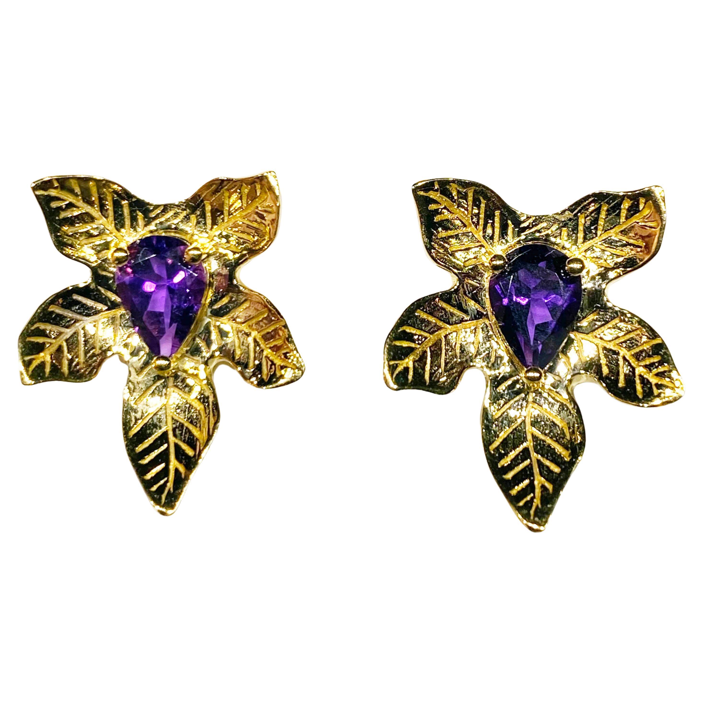 Amethyst Stud Gold Plated Silver Leaf Earrings  For Sale