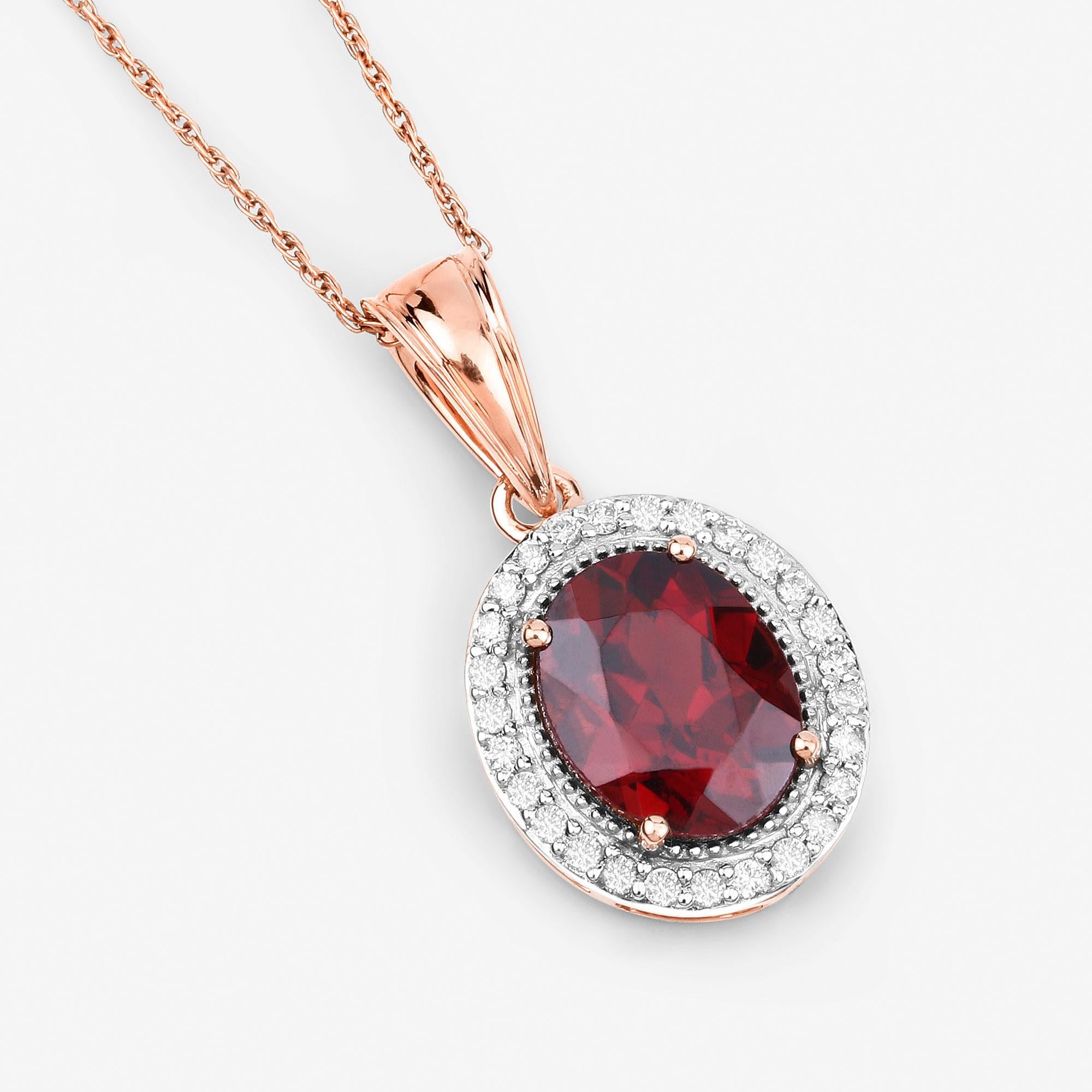 Oval Cut Rhodolite Garnet Necklace With Diamonds 2.95 Carats 14K Rose Gold For Sale