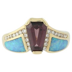 Rhodolite Garnet, Opal, and Diamond Kabana Ring 14k Gold Round Brilliant.18ctw