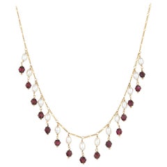 Rhodolite Garnet Pearl Necklace Choker Fringe Retro 14 Karat Gold Jewelry