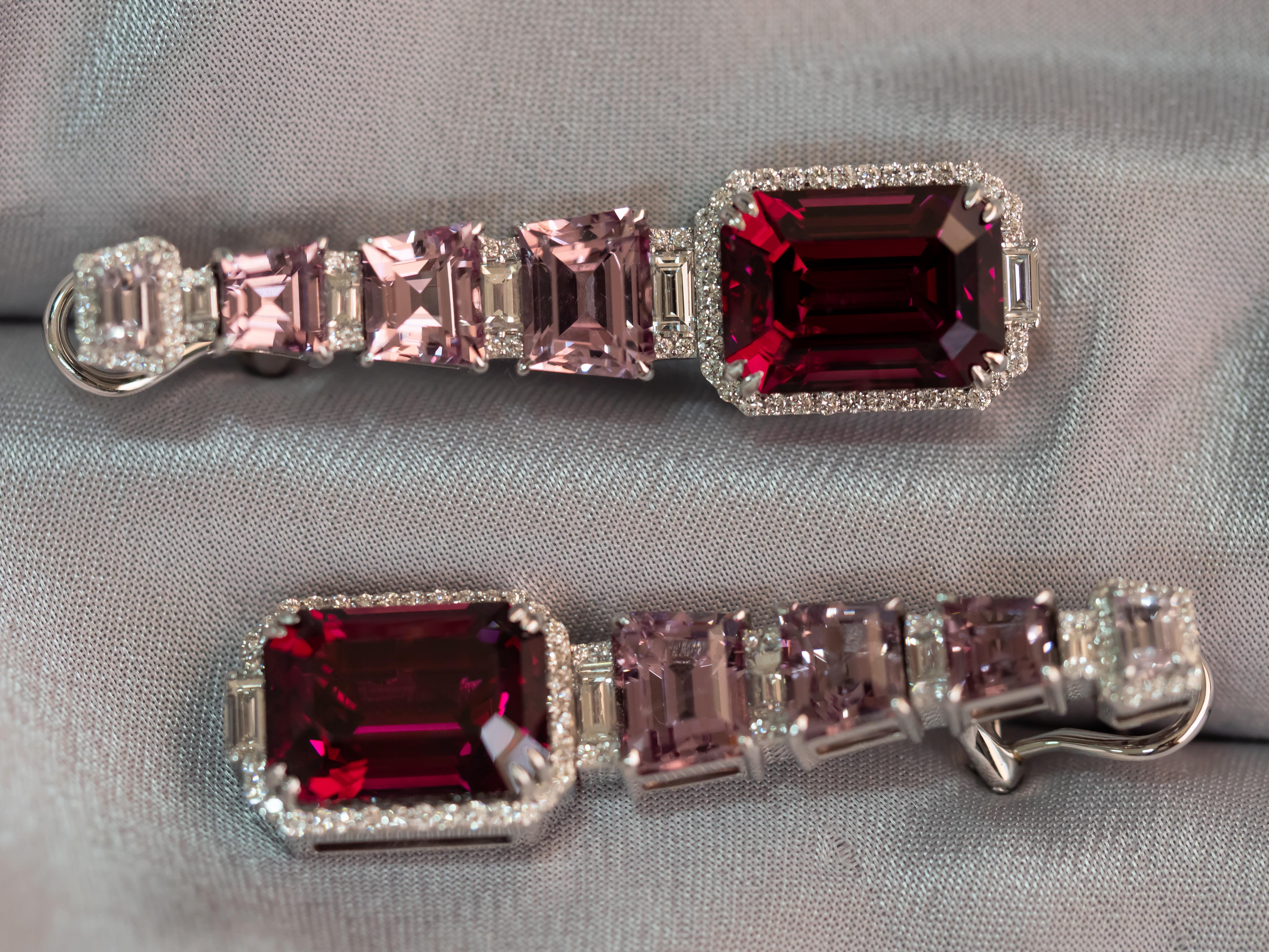 Artisan Rhodolite Garnet & Pink Spinels Earrings, 18k White Gold Diamonds Earrings For Sale