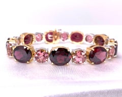 Rhodolite Garnet & Pink Tourmaline, Gold Tennis Bracelet, 70.92 Carats Total