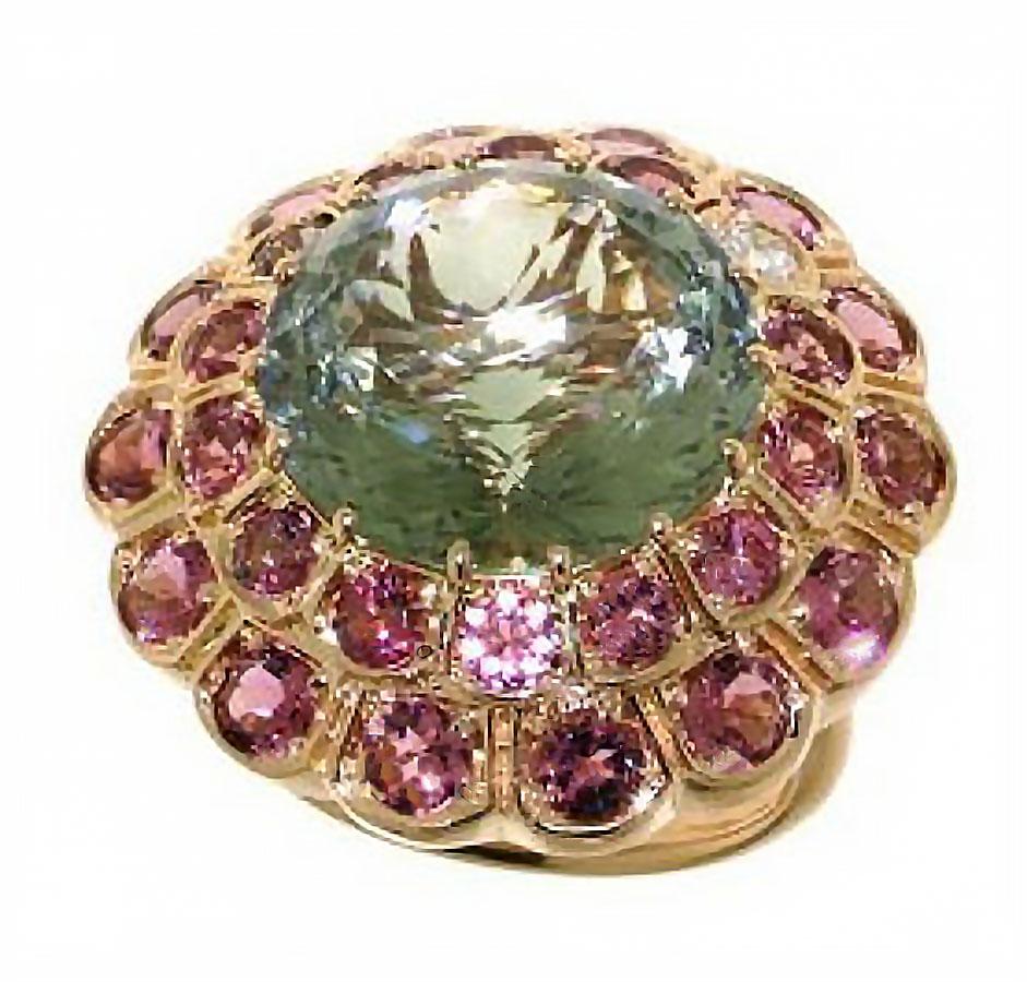 Rhodolite Garnet Prasiolite Diamond 18 Karat Rose Gold Cocktail Ring In New Condition For Sale In London, UK