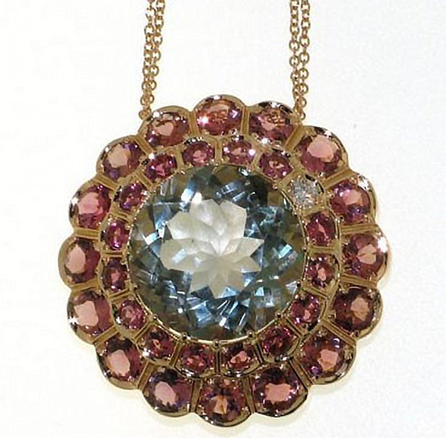 Rhodolite Garnet Prasiolite Green Quartz Diamond 18 Karat Rose Gold Necklace In New Condition For Sale In London, UK