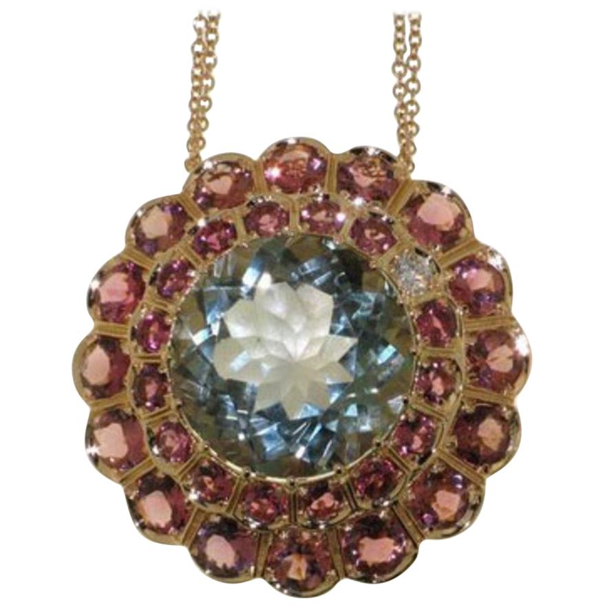 Rhodolite Garnet Prasiolite Green Quartz Diamond 18 Karat Rose Gold Necklace For Sale