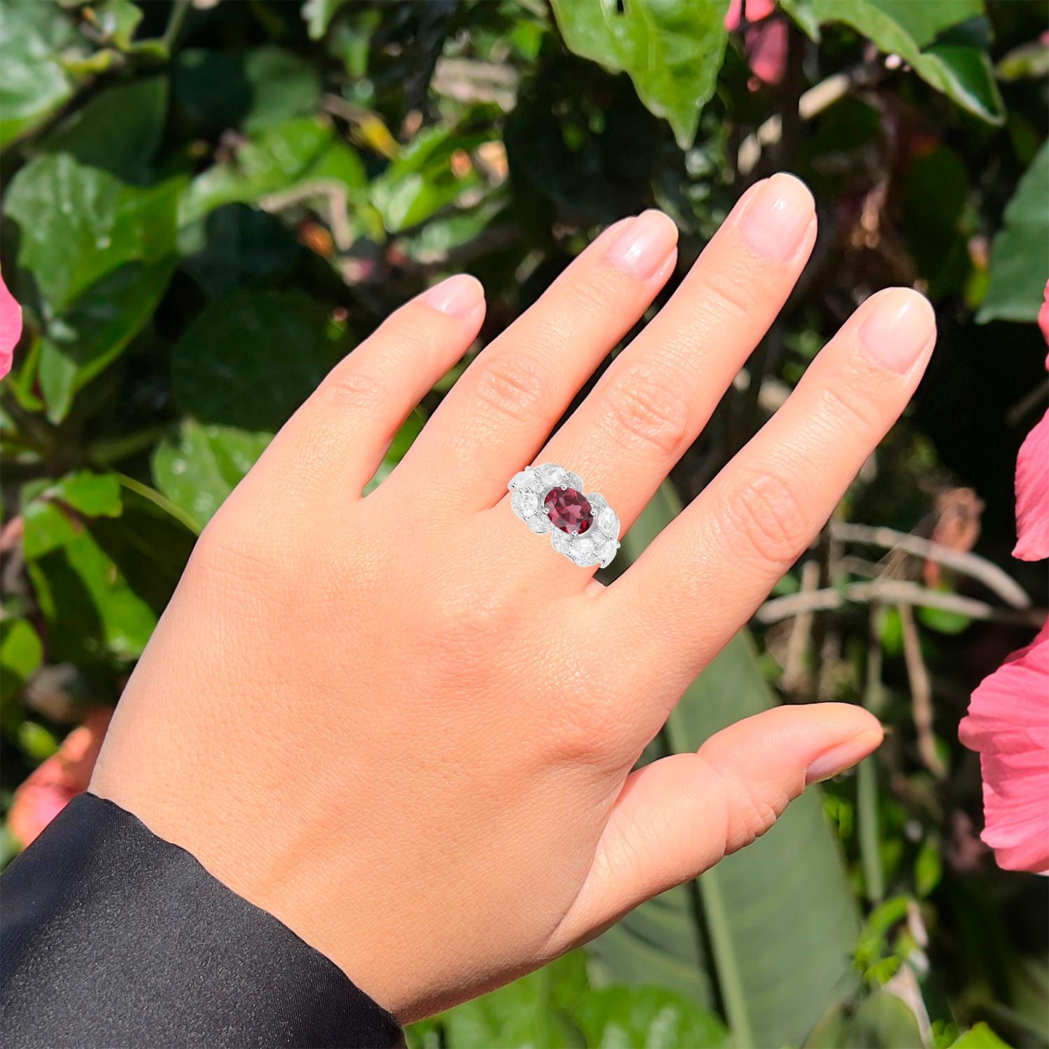Contemporary Rhodolite Garnet Ring White Zircon Setting 3.15 Carats For Sale