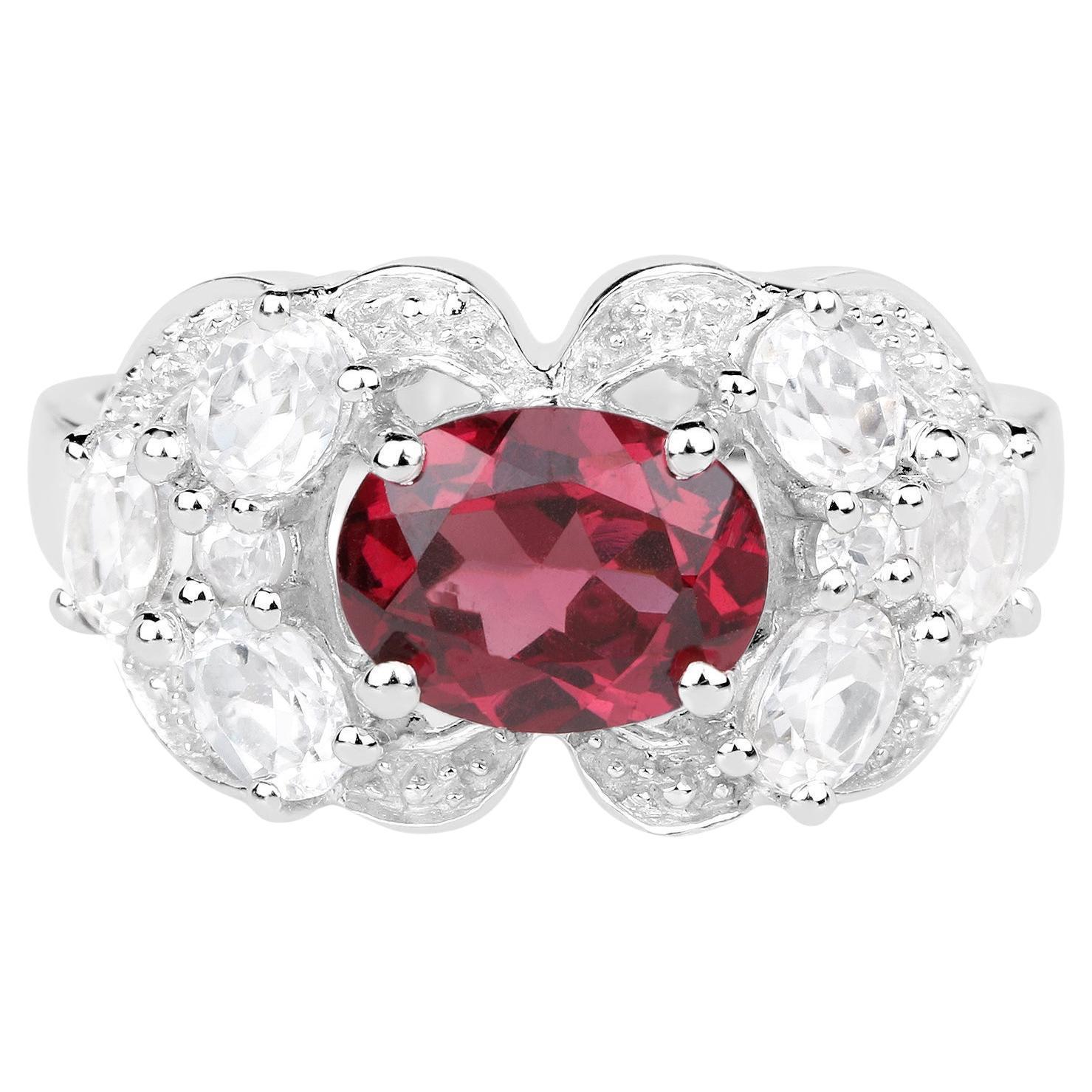 Rhodolite Garnet Ring White Zircon Setting 3.15 Carats For Sale