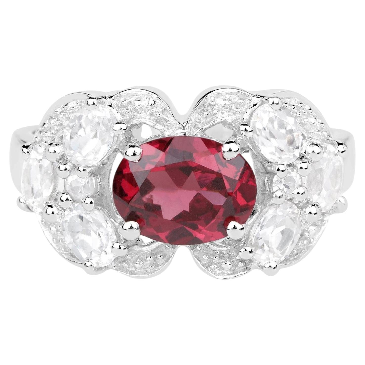 Rhodolite Garnet Ring White Zircon Setting 3.15 Carats