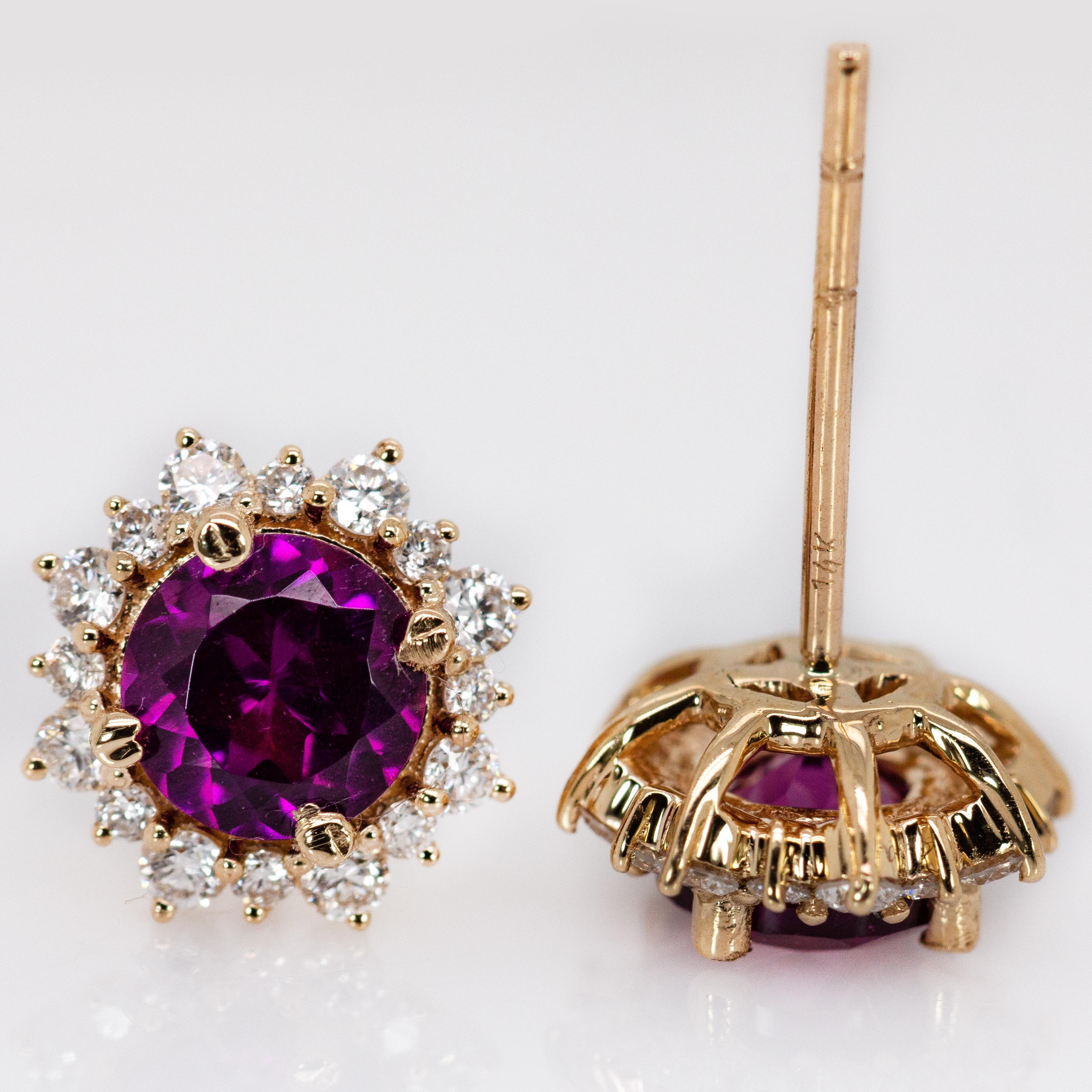 Contemporary Rhodolite Garnet Stud Earrings with Natural Diamond Halo in 14K Solid Gold  5mm For Sale