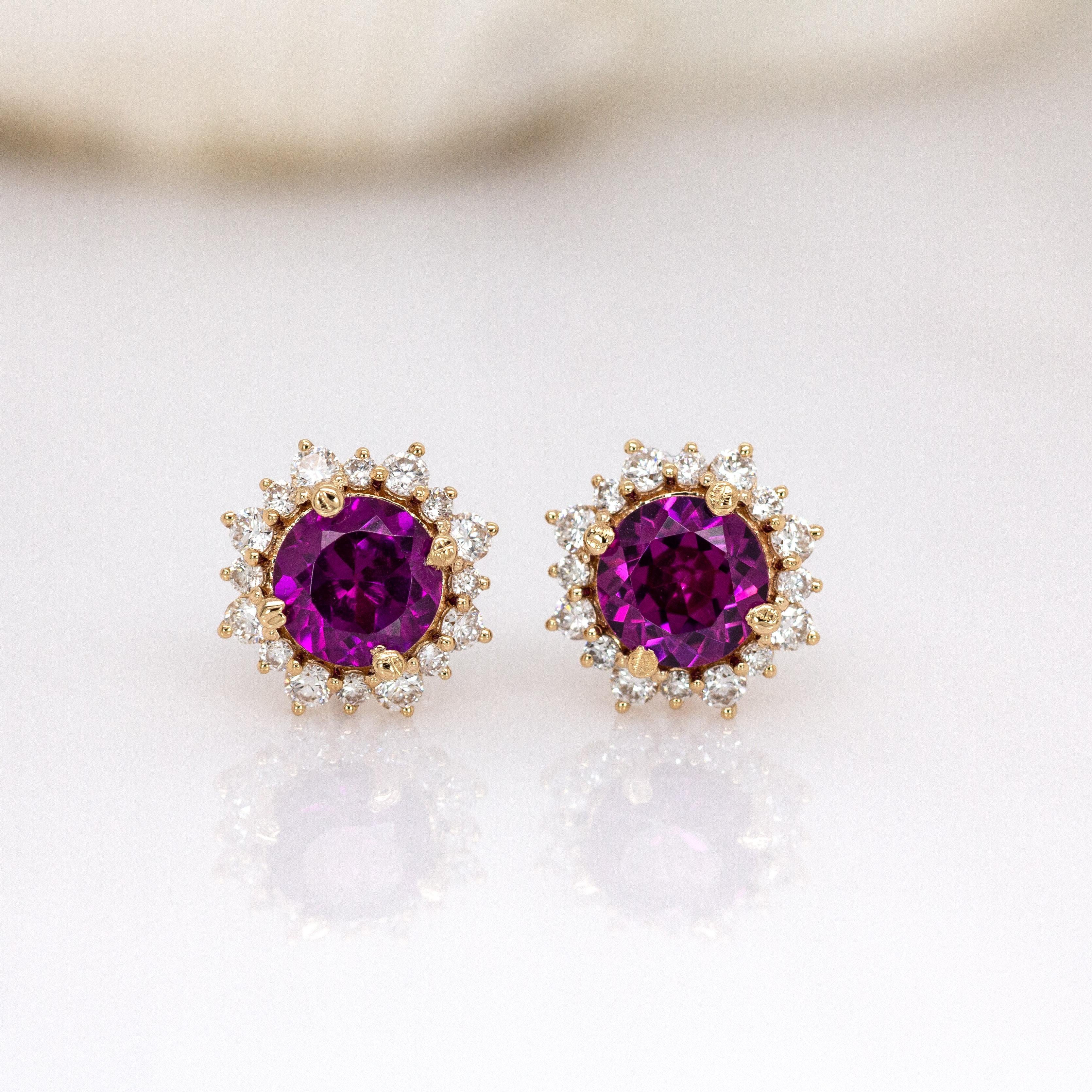 Round Cut Rhodolite Garnet Stud Earrings with Natural Diamond Halo in 14K Solid Gold  5mm For Sale