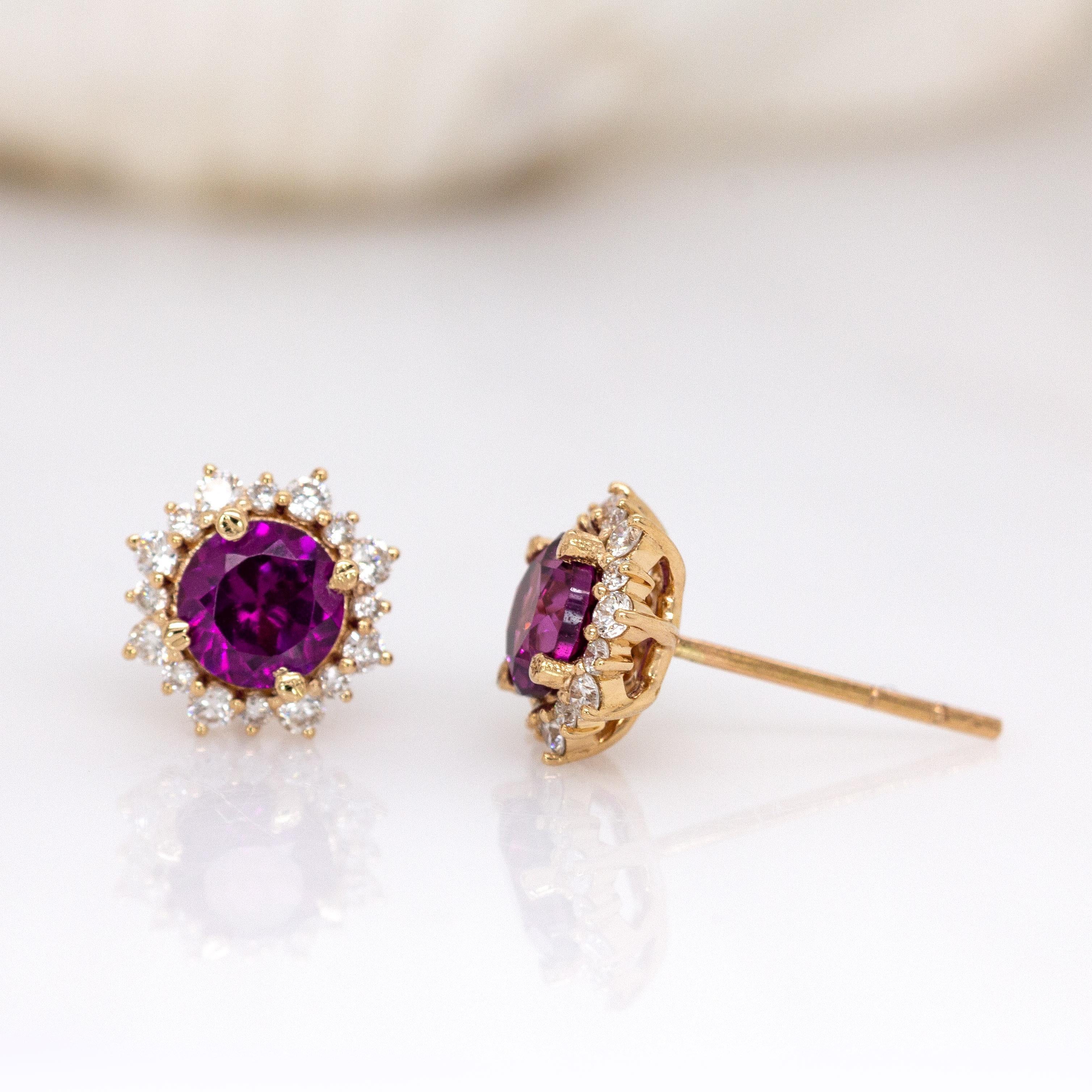 Women's Rhodolite Garnet Stud Earrings with Natural Diamond Halo in 14K Solid Gold  5mm For Sale