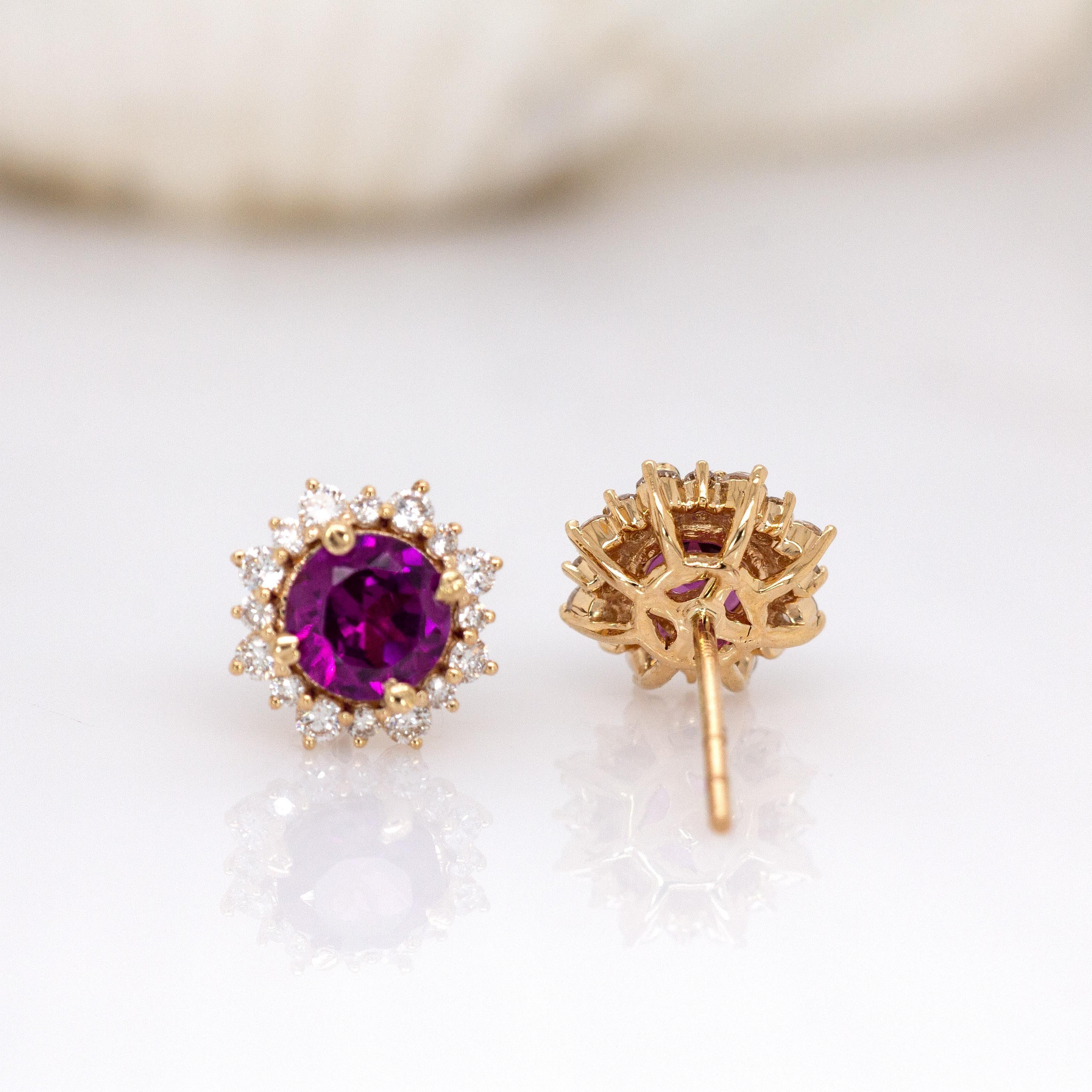 Rhodolite Garnet Stud Earrings with Natural Diamond Halo in 14K Solid Gold  5mm For Sale 1