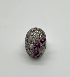 Rhodolite Garnet White Fancy Color Diamond 18 Karat White Gold Statement Ring