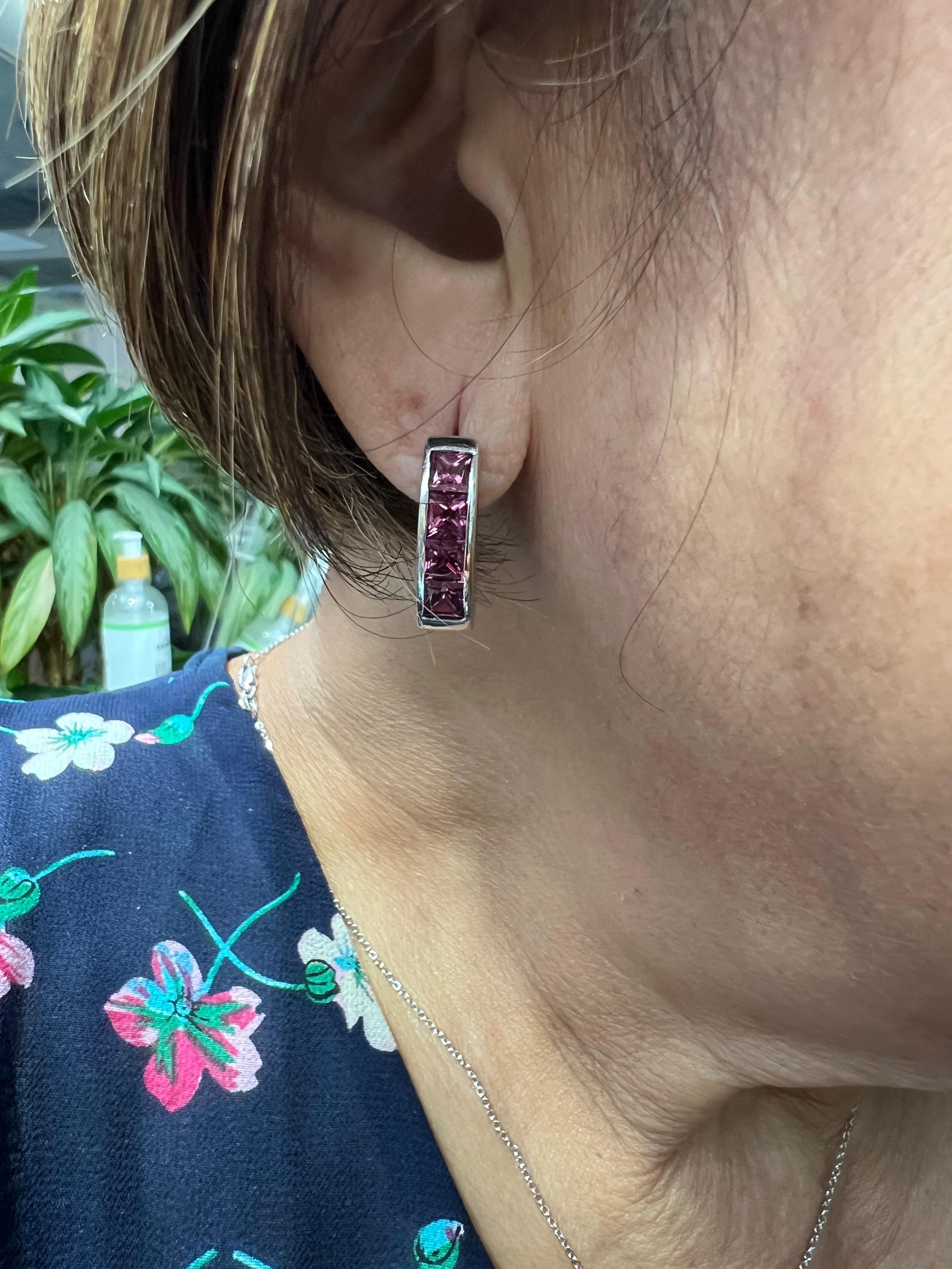 Contemporary Rhodolite Garnet White Gold Reversible Hoop Earrings For Sale