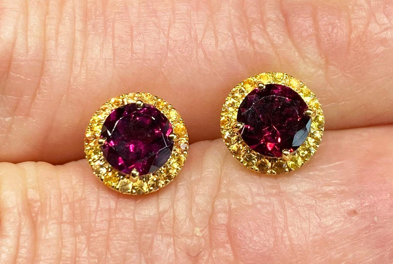 Rhodolite Garnet & Yellow Sapphire Earrings Set in 14kt Yellow Gold For Sale 4