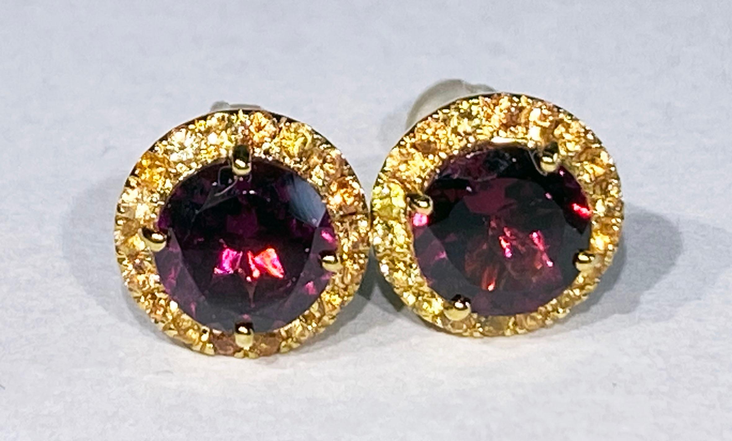 Rhodolite Garnet & Yellow Sapphire Earrings Set in 14kt Yellow Gold For Sale 5