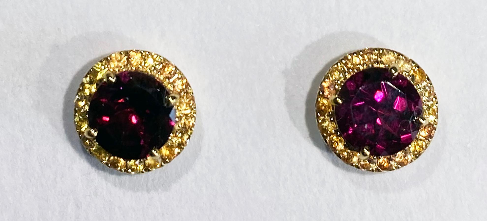 Rhodolite Garnet & Yellow Sapphire Earrings Set in 14kt Yellow Gold For Sale 7