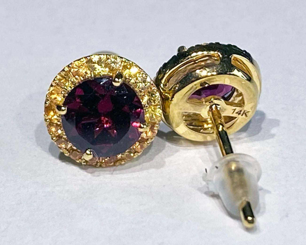 Rhodolite Garnet & Yellow Sapphire Earrings Set in 14kt Yellow Gold For Sale 2