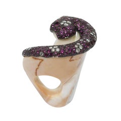 Rhodolite Oxridized Silver 18 karat Gold Shell Cocktail Dome Ring 