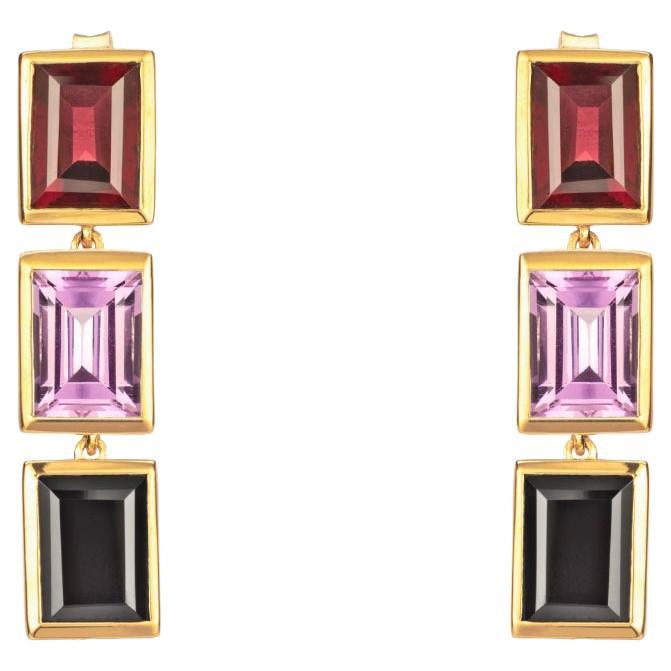 Rhodolite, Purple Amethyst and Spinel 3 Drop Earrings