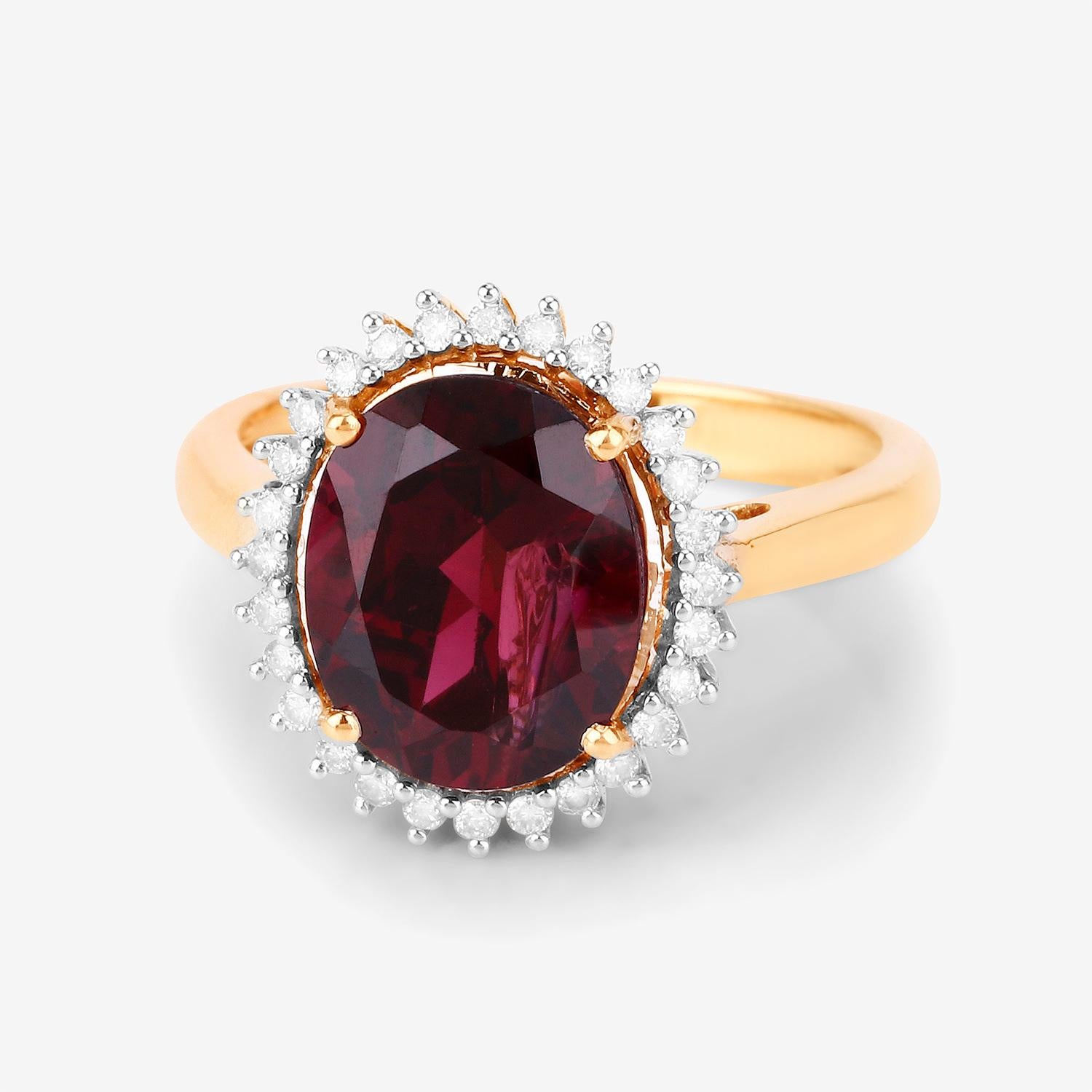 Rhodolite Ring Diamond Halo  4.18 Carats 14K Yellow Gold In Excellent Condition For Sale In Laguna Niguel, CA