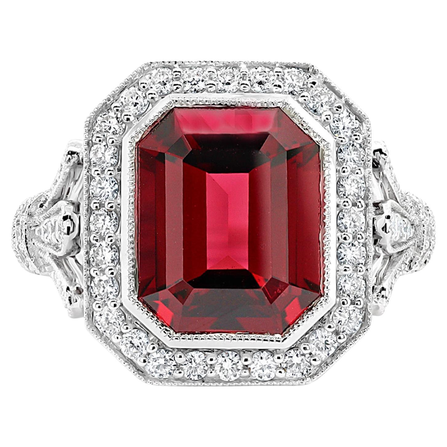 Rhodolite Ring Diamond Milgrain Setting 3.98 Carats 18K White Gold