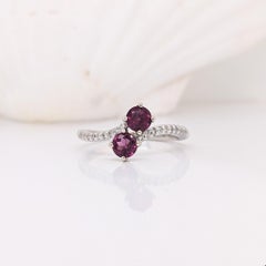 Rhodolite Ring w Earth Mined Diamonds in Solid 14k White Gold  Bypass Ring