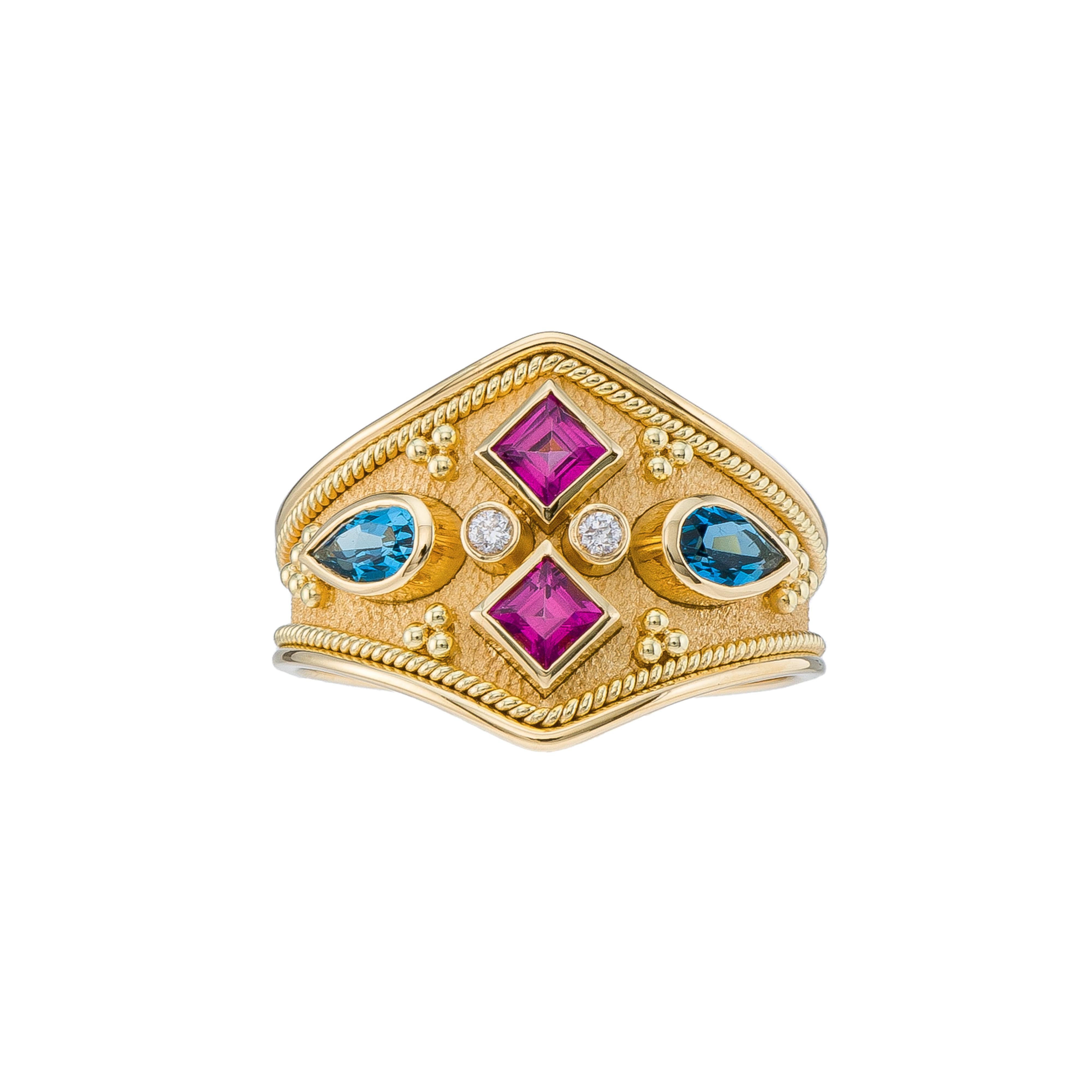 Rhodolite Topaz Byzantine Ring with Diamonds In New Condition For Sale In Athens, GR