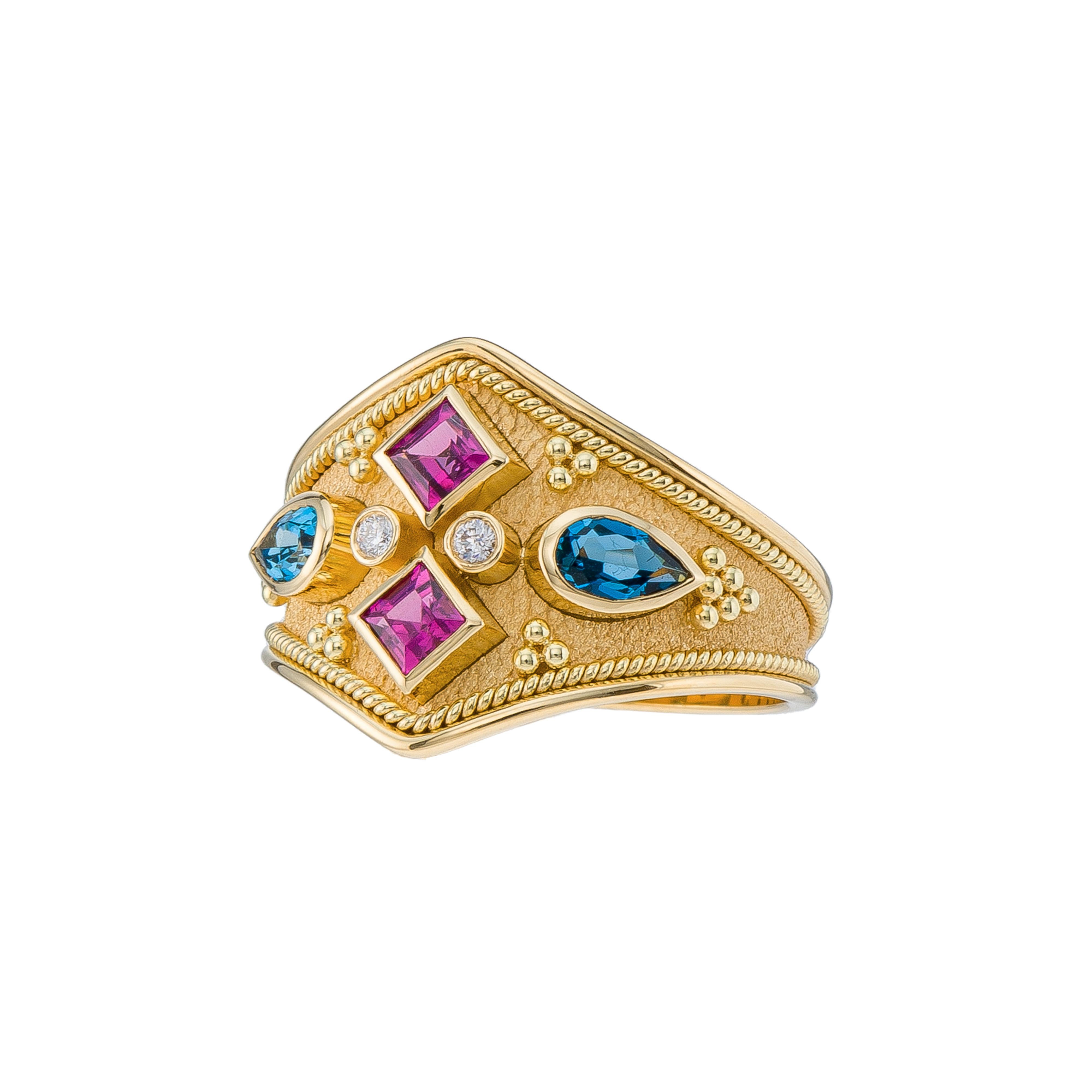 Rhodolite Topaz Byzantine Ring with Diamonds For Sale 1