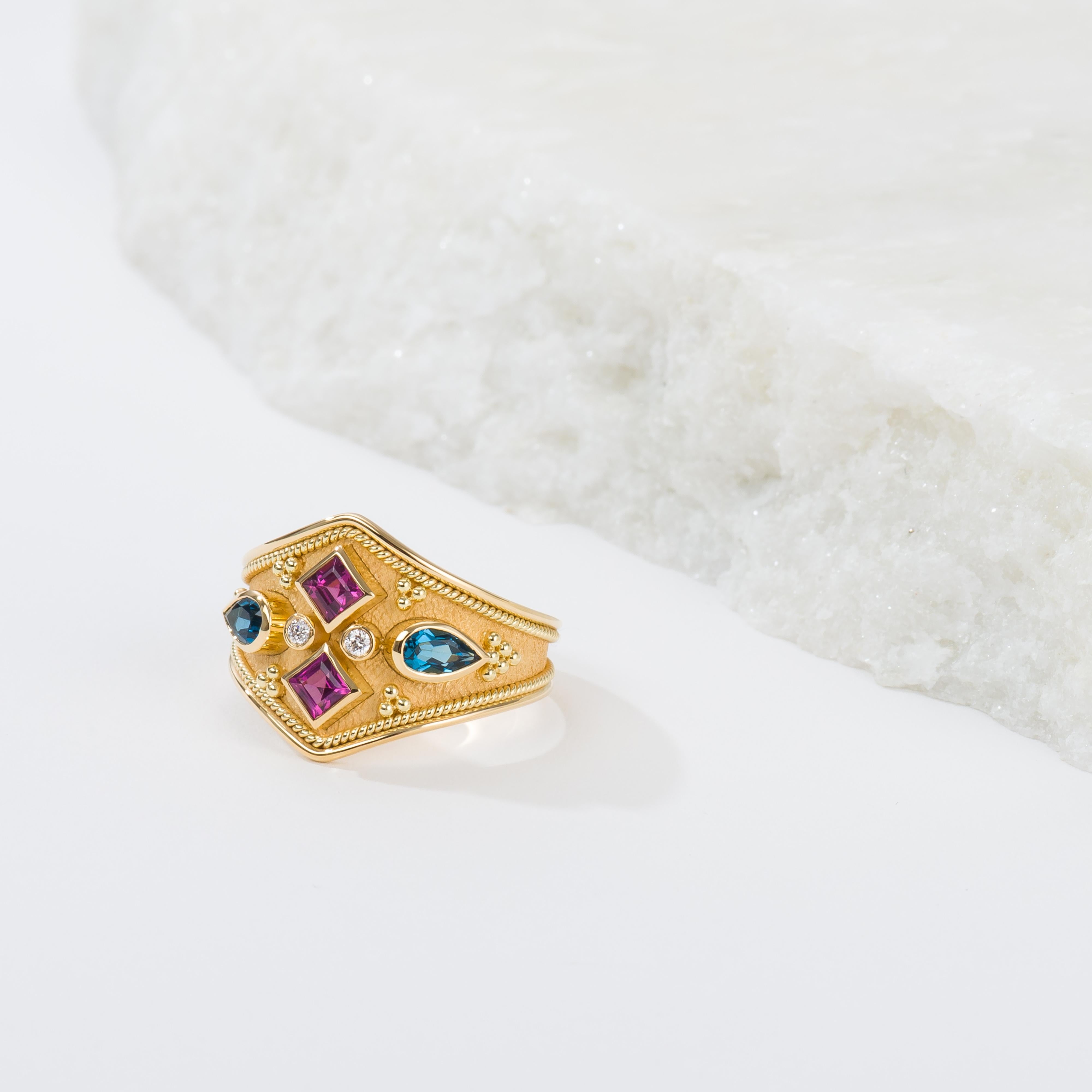 Rhodolite Topaz Byzantine Ring with Diamonds For Sale 2