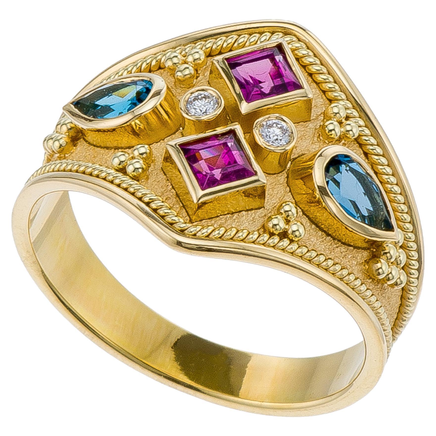 Rhodolite Topaz Byzantine Ring with Diamonds For Sale