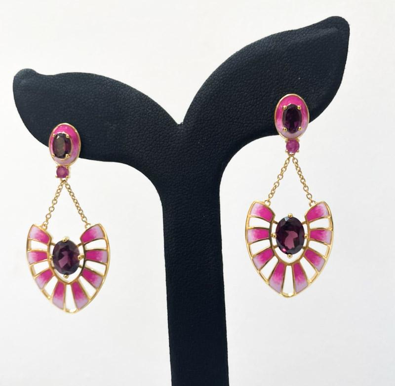 Hand-Painted Enamel Earrings in 14k with Rhodolite Garnets and Tsavorite. In New Condition For Sale In Carlisle, MA