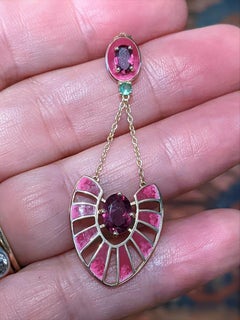 Hand-Painted Enamel Earrings in 14k with Rhodolite Garnets and Tsavorite.