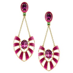 Hand-Painted Enamel Earrings in 14k with Rhodolite Garnets and Tsavorite.