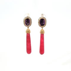 Rhodonite and Purple Sapphire Yellow Gold Earrings With Diamonds