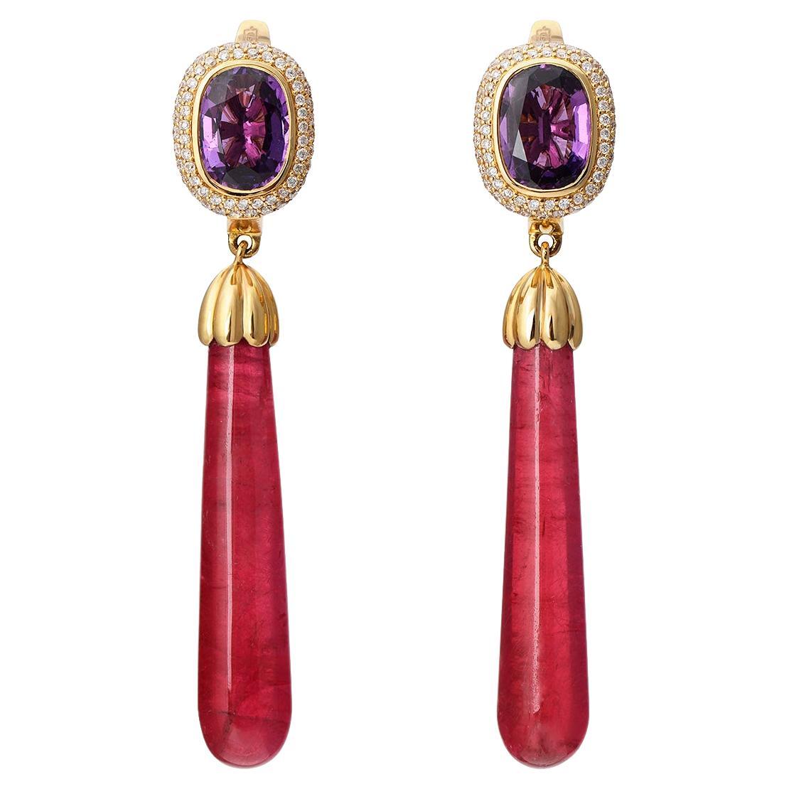 Rhodonite and Purple Sapphire Yellow Gold Earrings With Diamonds For Sale