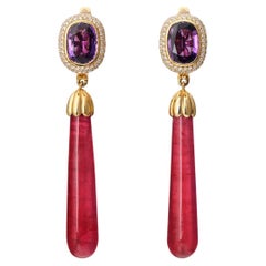 Rhodonite and Purple Sapphire Yellow Gold Earrings With Diamonds