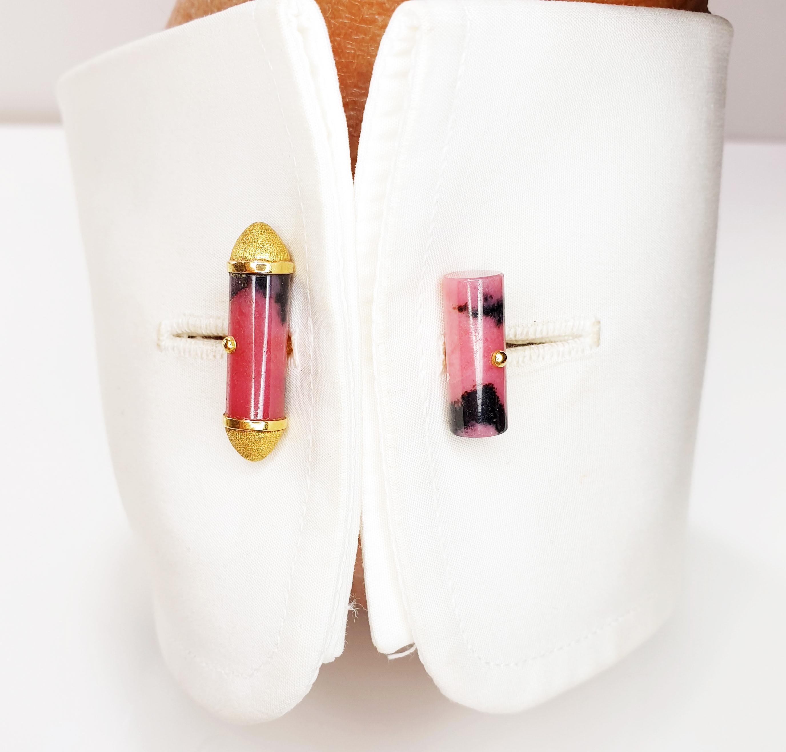 Bullet Cut Rhodonite Cufflinks in 18 Karat Yellow Gold