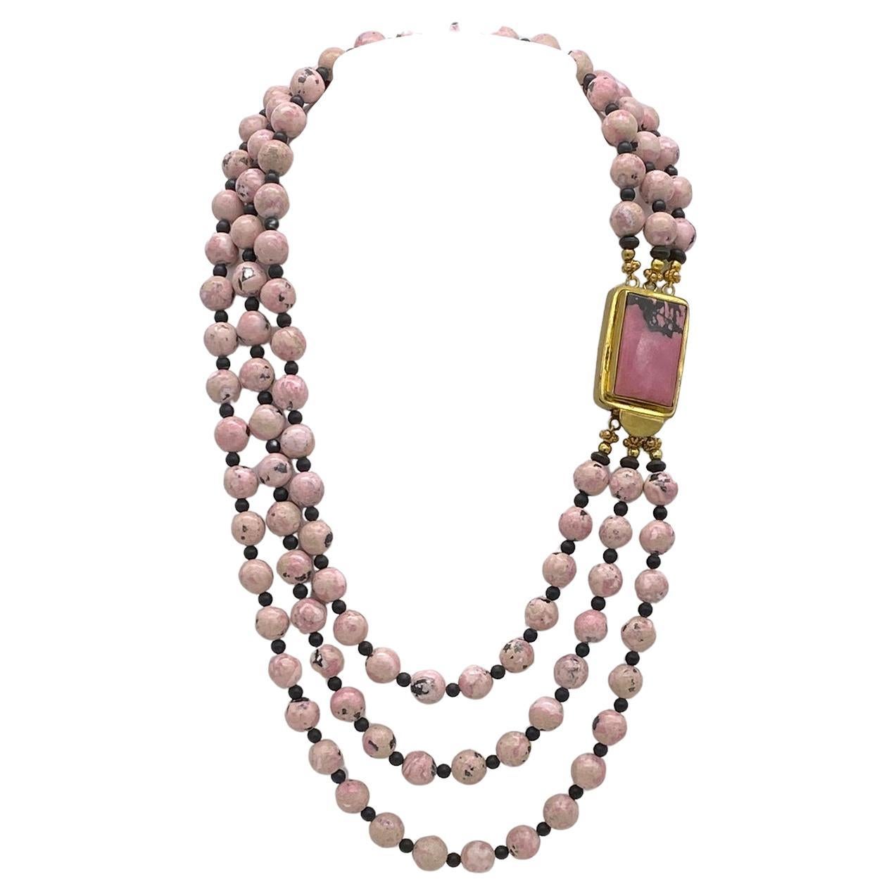 Artisan Rhodonite Triple Strand Necklace For Sale