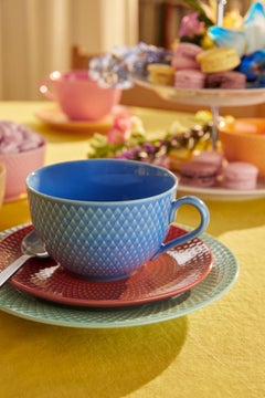 Rhombe Color Tea Cup with Matching Saucer, Blue/Terracotta, 13.2 Oz