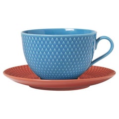 Rhombe Color Tea Cup with Matching Saucer, Blue/Terracotta, 13.2 Oz