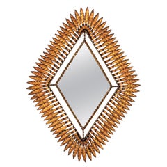 Rhombus Mirror / Sunburst Mirror in Gilt Metal, 1950s