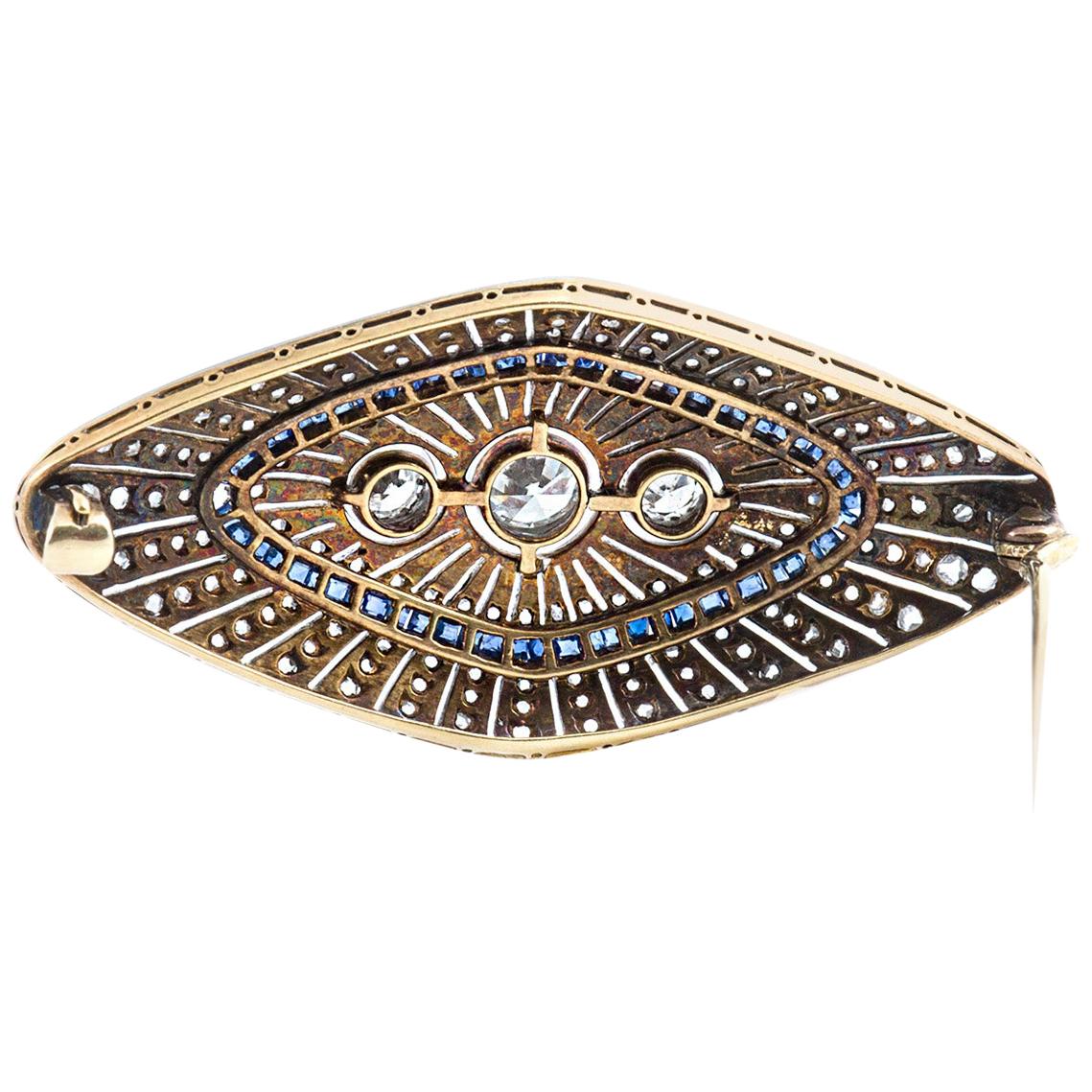 Rhombus Platinum and Gold with Diamond and Sapphire Brooch In Good Condition In New York, NY