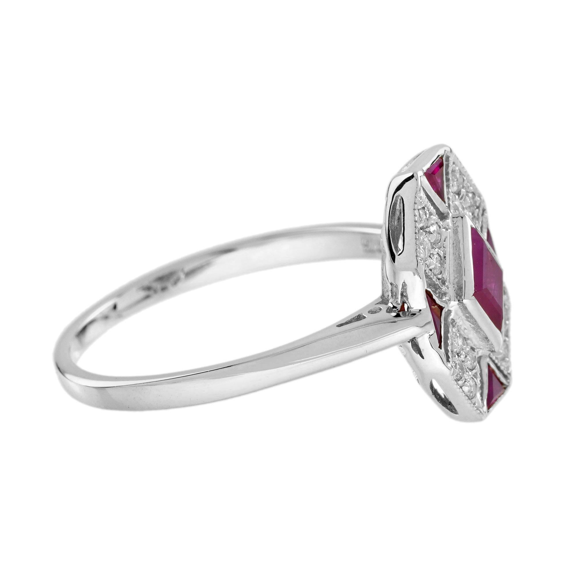 Quadrato Anello in stile Art Deco con rubino e diamanti a rombo in oro bianco 9 carati in vendita