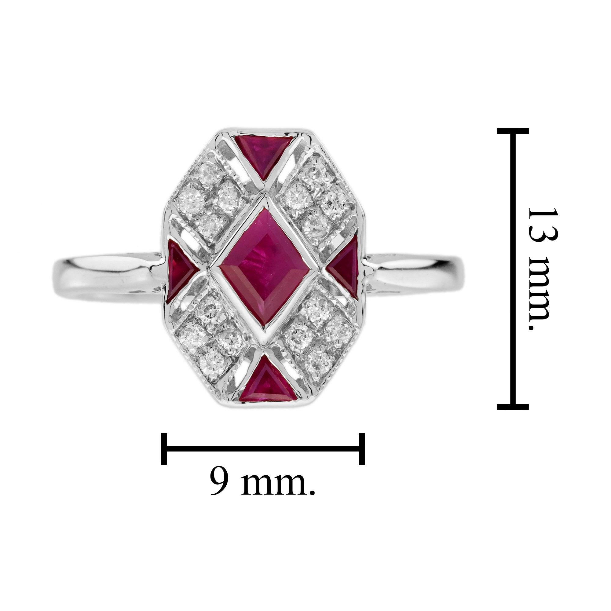 Anello in stile Art Deco con rubino e diamanti a rombo in oro bianco 9 carati in vendita 1