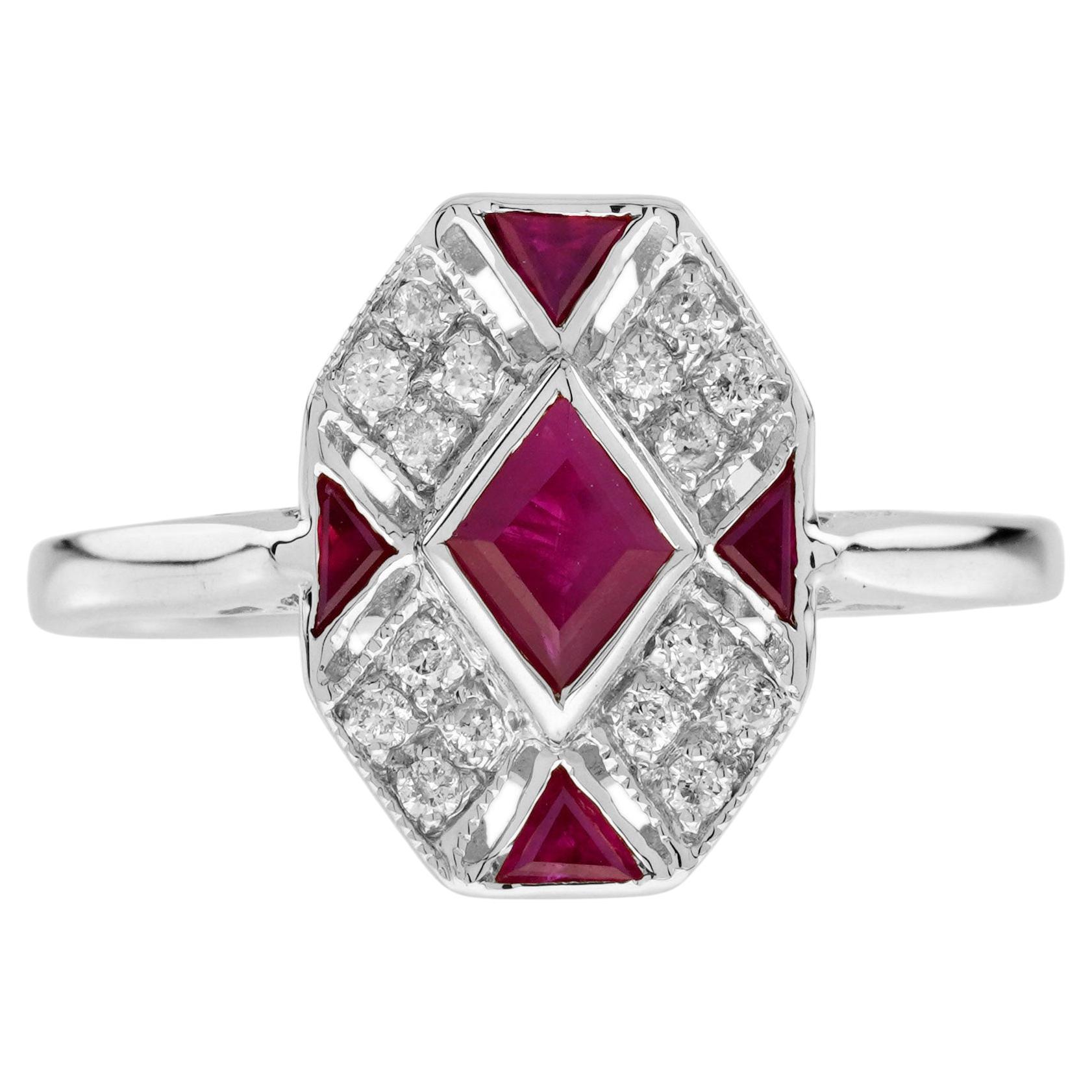 Rhombus Ruby and Diamond Art Deco Style Ring in 9K White Gold