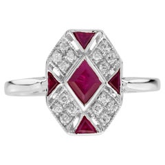 Rhombus Ruby and Diamond Art Deco Style Ring in 9K White Gold