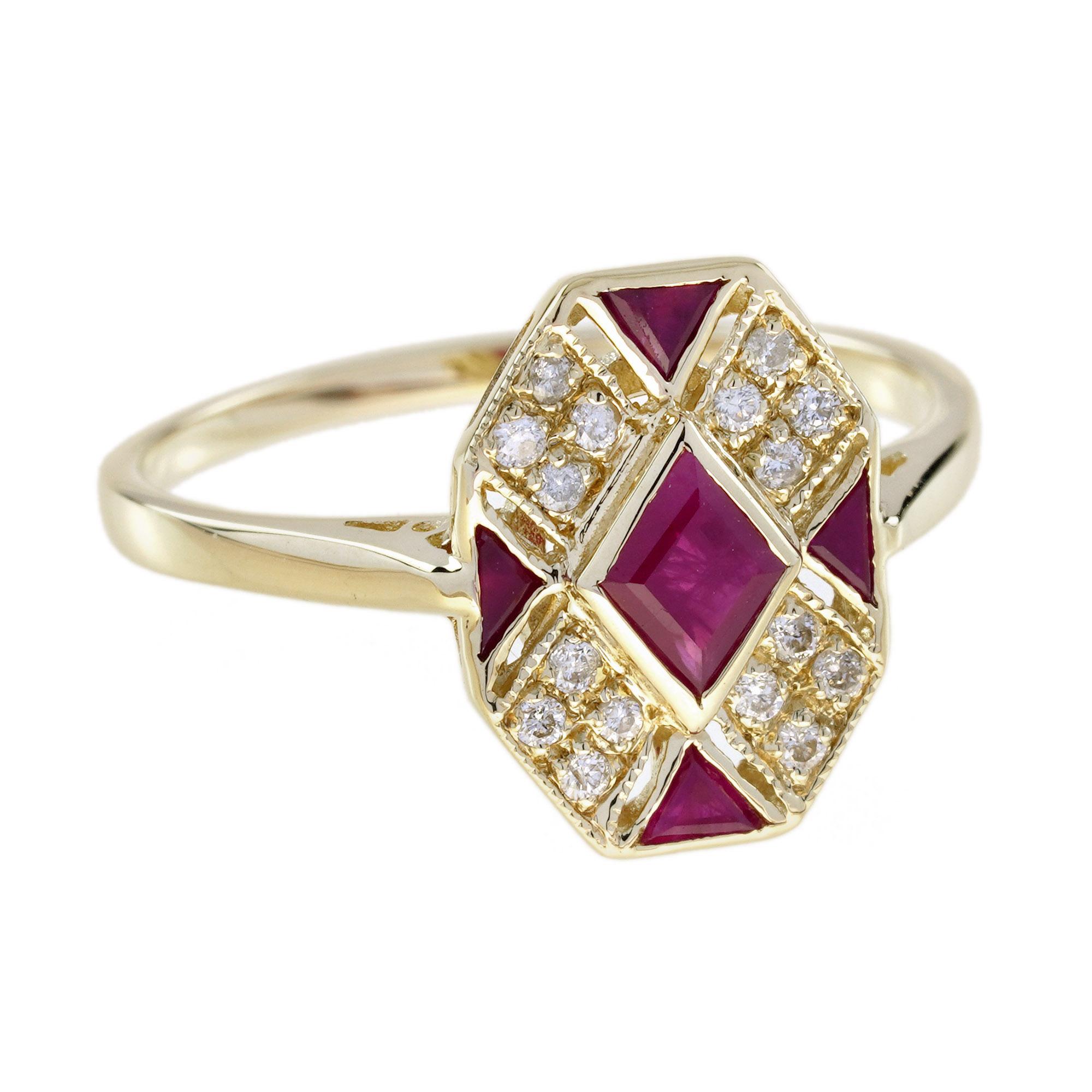 Rhombus Rubin- und Diamantring im Art-Déco-Stil aus 9 Karat Gelbgold (Art déco) im Angebot