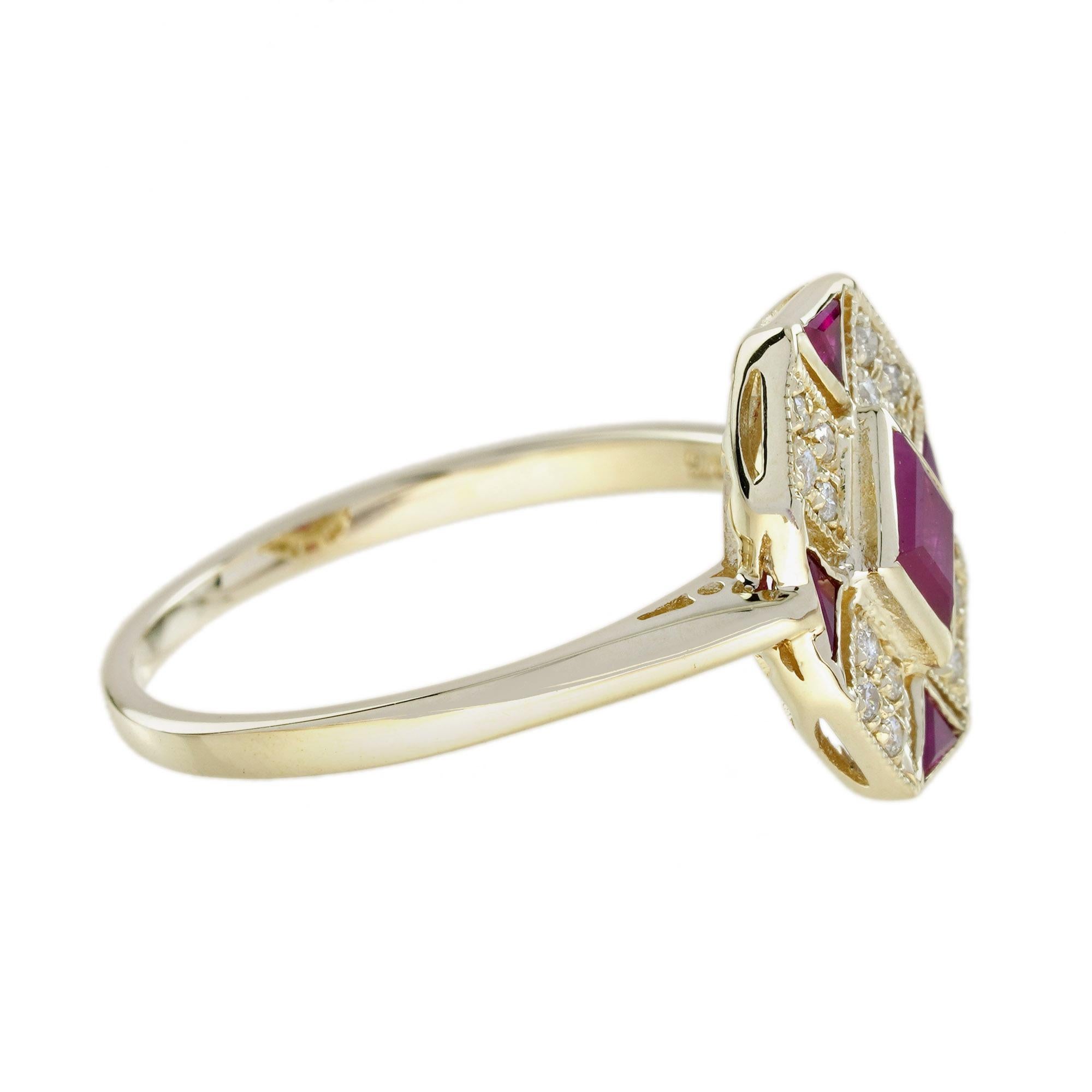 Rhombus Rubin- und Diamantring im Art-Déco-Stil aus 9 Karat Gelbgold (Carréeschliff) im Angebot