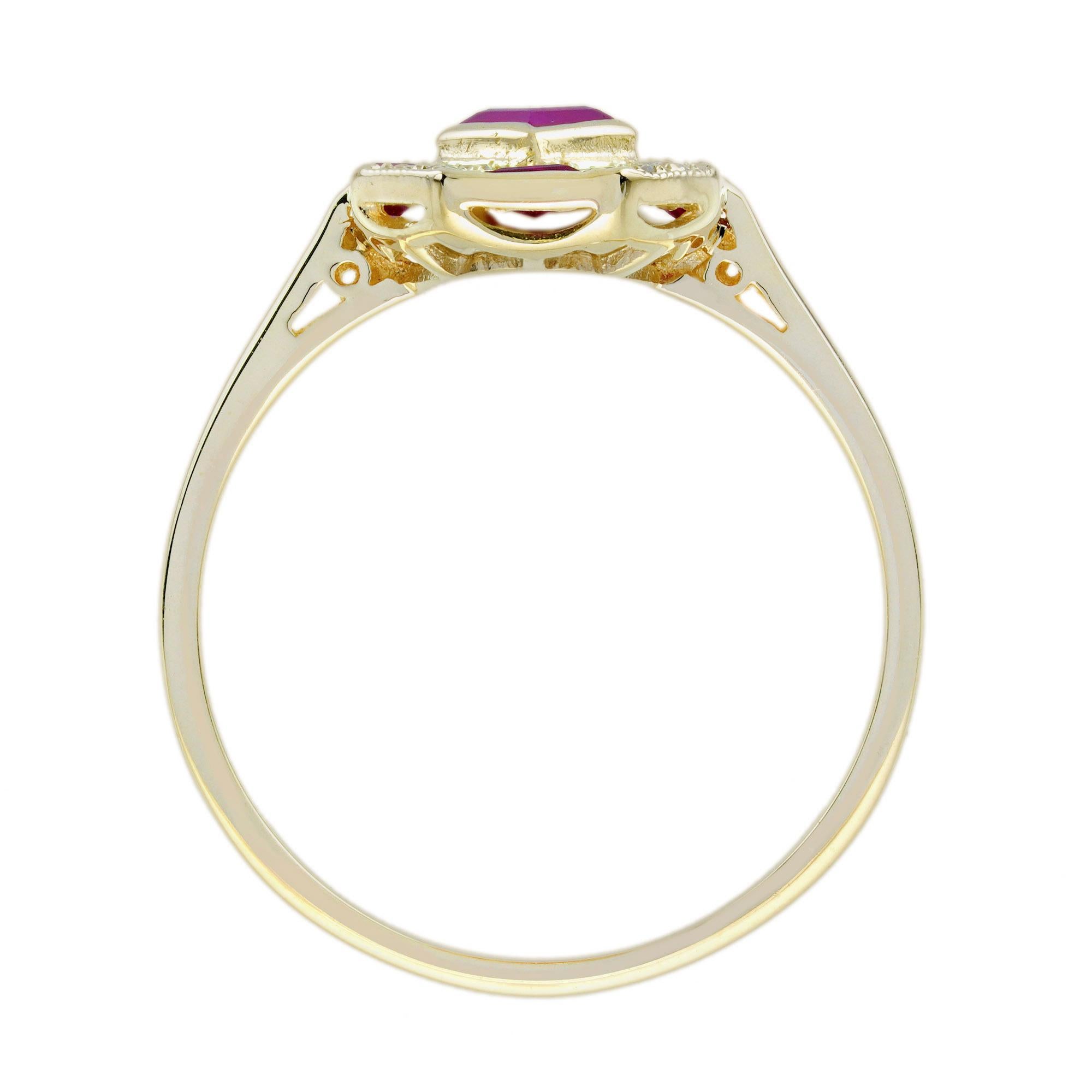 Rhombus Rubin- und Diamantring im Art-Déco-Stil aus 9 Karat Gelbgold Damen im Angebot